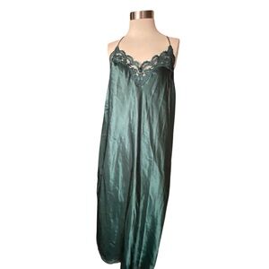 Vintage emerald green lace slip dress spaghetti straps long slip size L EUC